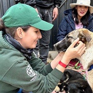 A woman in green hat and jacket holds a dog's face in her hands and looks at the dog happily.