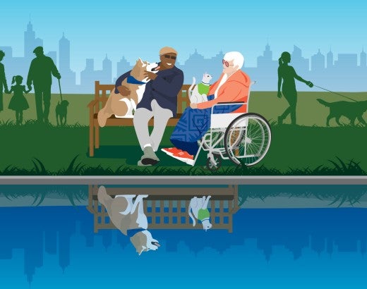 Senior man and woman sitting by a lake with their pets, in the lake reflection the people are missing.