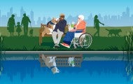Senior man and woman sitting by a lake with their pets, in the lake reflection the people are missing.