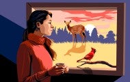 Illustration of a woman looking out a window at a deer and cardinal outside.