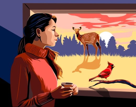 Illustration of a woman looking out a window at a deer and cardinal outside.