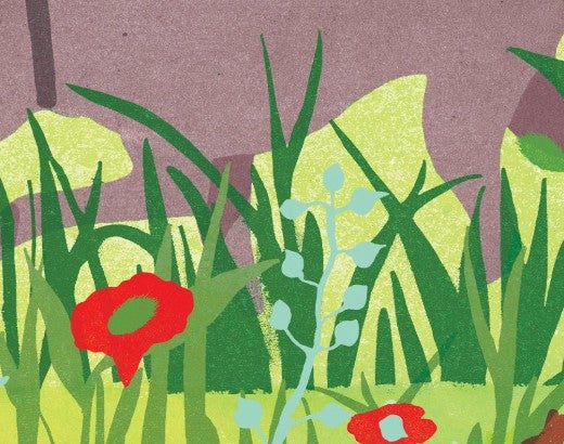 a dog points in a field of grass and wildflowers as a rabbit looks on