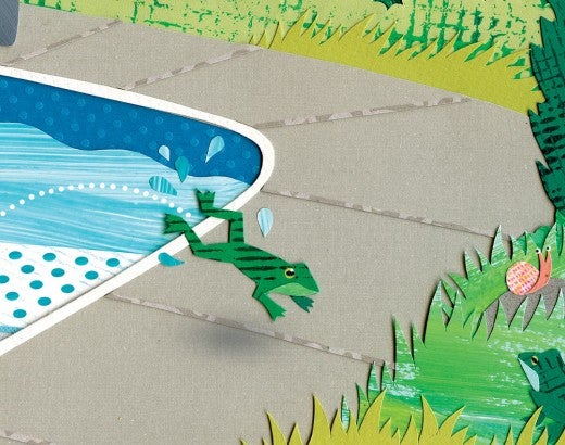 A frog jumps to safety out of a pool using a ramp to rejoin the other frogs on the safety of the grass