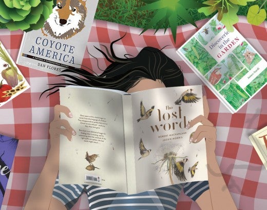 Illustrtion of a woman lying on a blanket in the grass reading books.