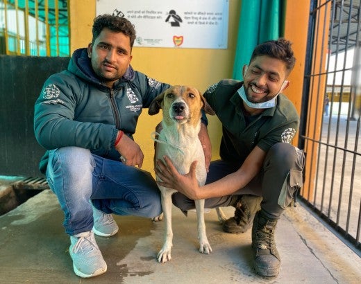 Two people pose with a dog