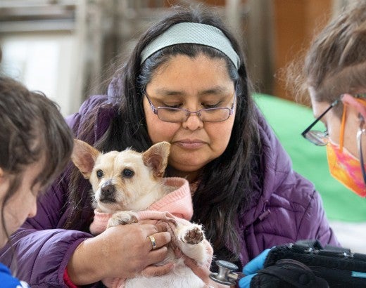 Brandi Markishtum holds pup Lola for a veterinary exam by veterinarian Colleen Cassidy, right, and veterinary assistant Sara Michelassi during the RAVS clinic serving the Quinault Nation.