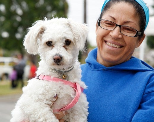 Smiling woman holding her white dog