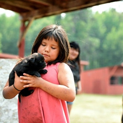 girl holds a puppy
