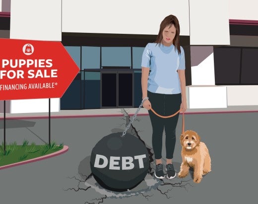 Illustration showing a woman walking out of a pet store with a puppy on a leash in one hand and a giant iron ball with the word Debt in the other.