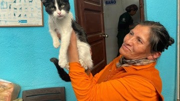 Woman holding up a cat