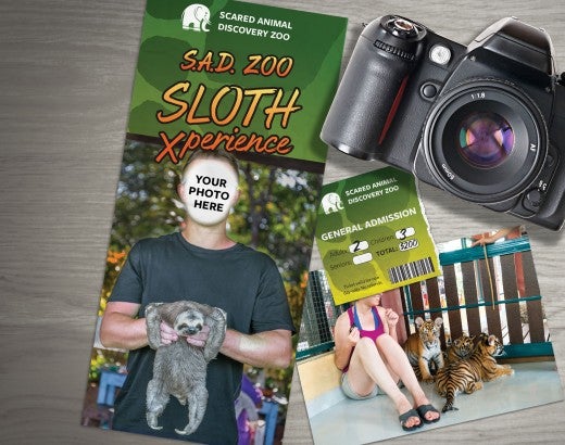 Photo collage of a roadside zoo brochure, ticket, a camera and a photograph of a girl with baby tigers.